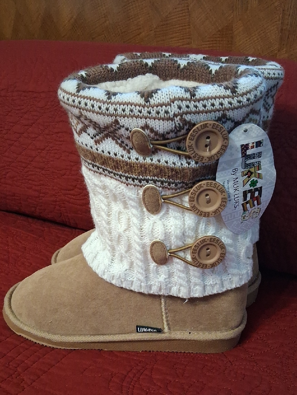 Luk Ees By Muk Luks Knit Button Accent Boot in Cream & Tan - Picture 3 of 10